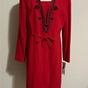 Vintage Julian Taylor New York Red Dress Embroidered Design Size 12 NWT